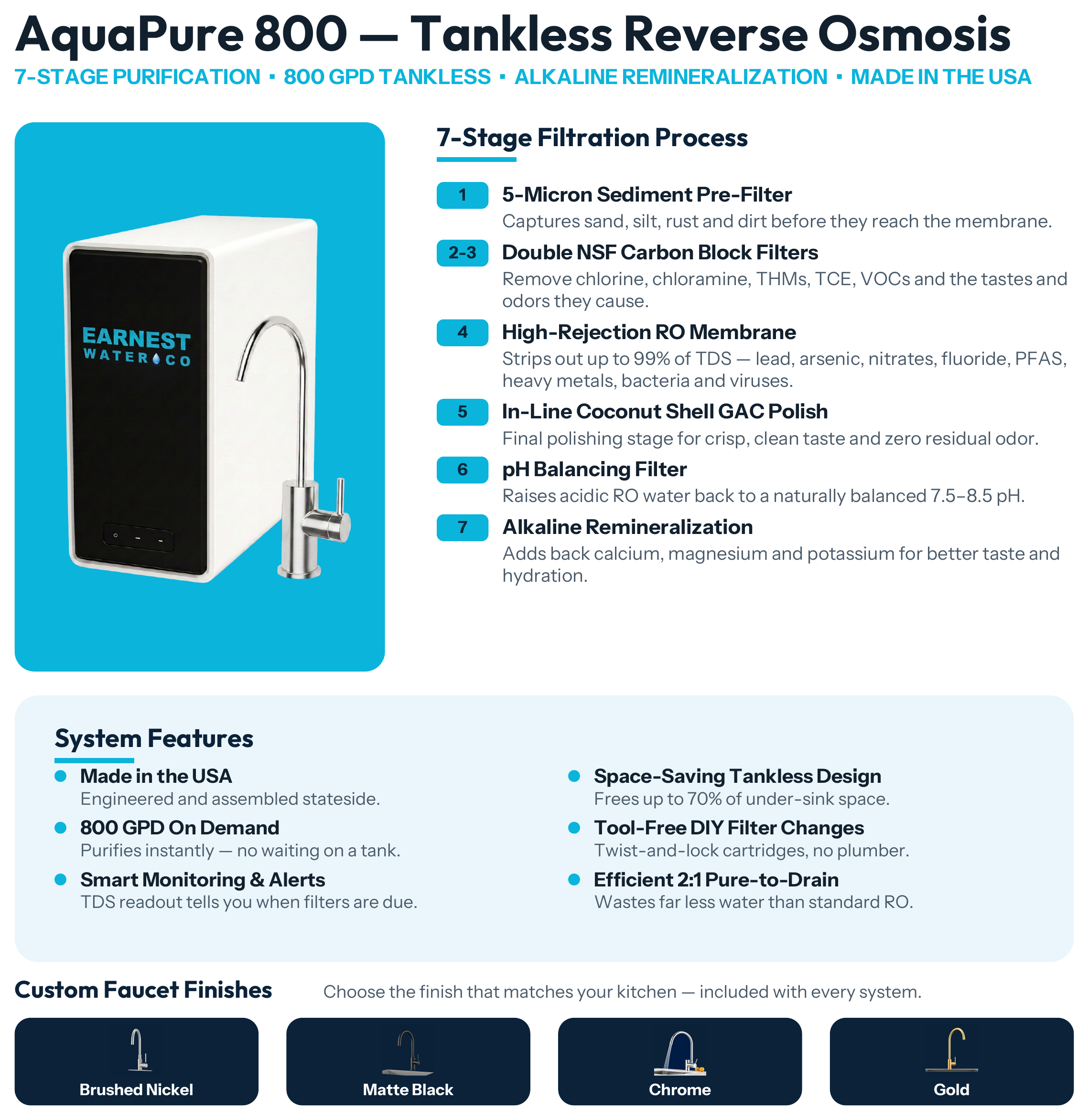AquaPure 800 Tankless Reverse Osmosis — 7-stage filtration, system features and faucet finishes